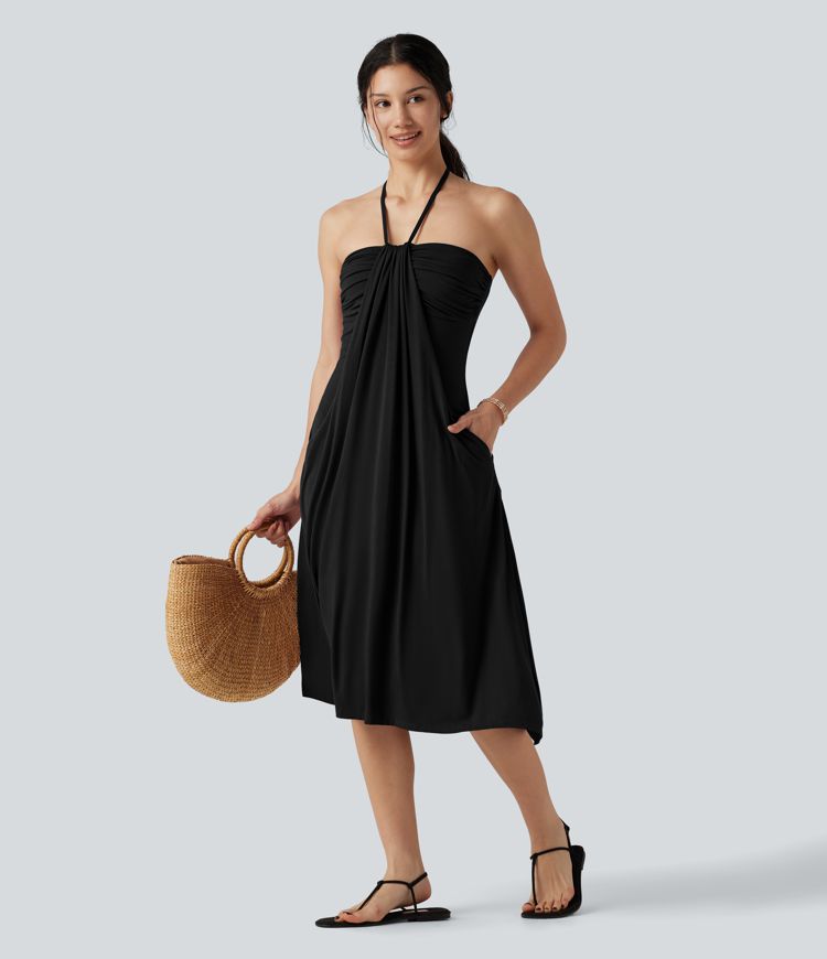 Midikleid in A-Linie mit Seitentaschen, Neckholder und Bindeband hinten