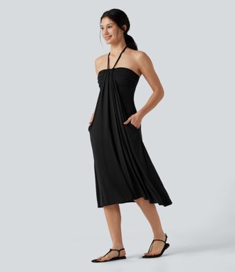 Midikleid in A-Linie mit Seitentaschen, Neckholder und Bindeband hinten