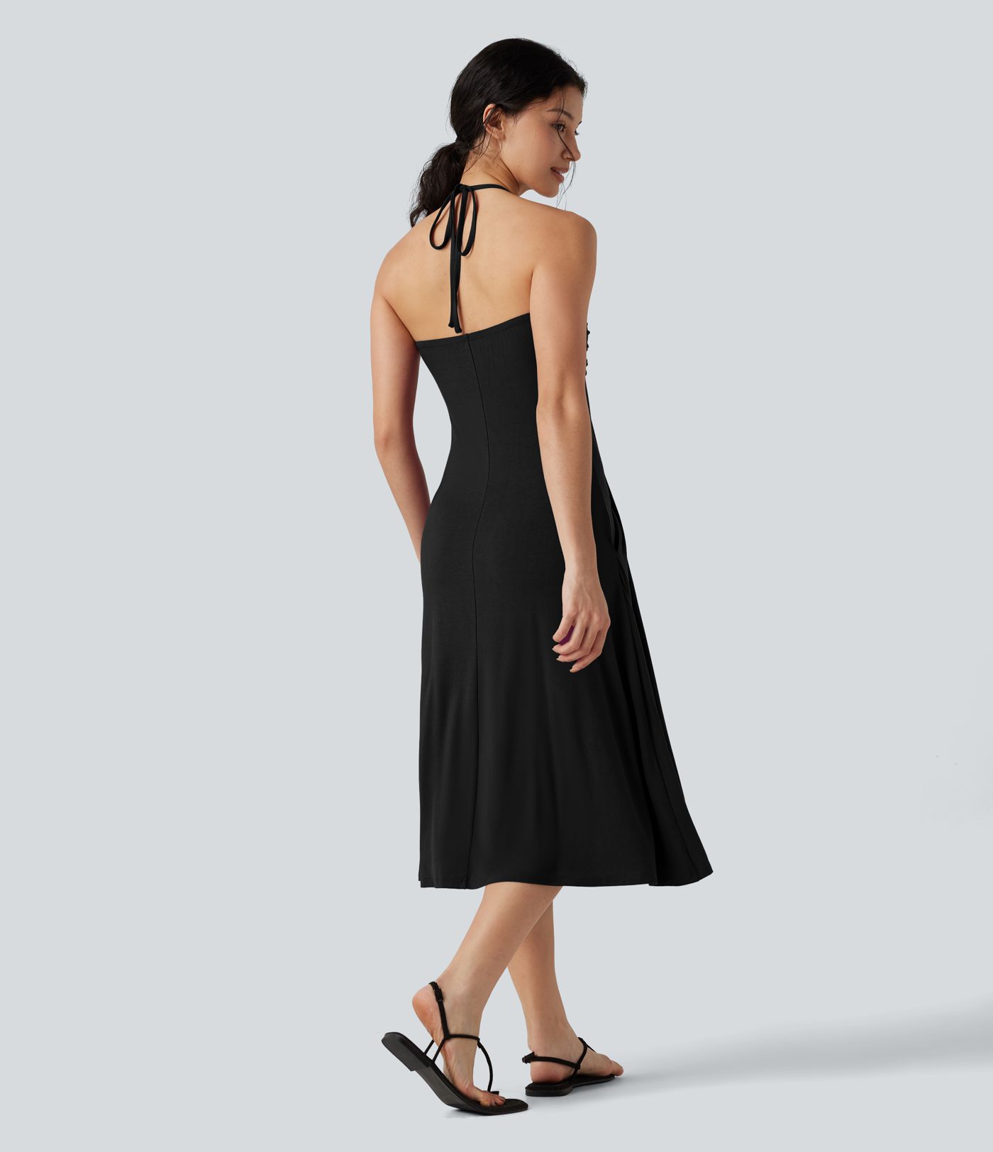 Midikleid in A-Linie mit Seitentaschen, Neckholder und Bindeband hinten