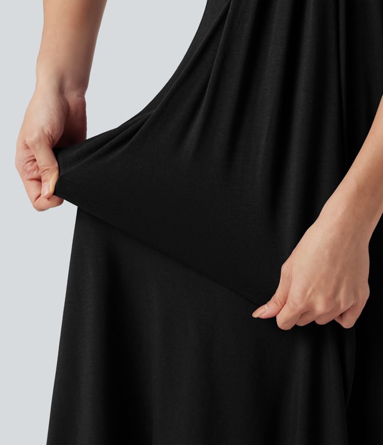 Midikleid in A-Linie mit Seitentaschen, Neckholder und Bindeband hinten
