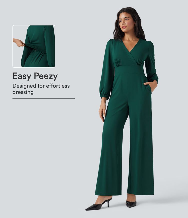 V Neck Long Sleeve Wide Leg Work Jumpsuit with Pockets-Easy Peezy Edition V Neck Long Sleeve Wide Leg Work Jumpsuit with Pockets-Easy Peezy Edition