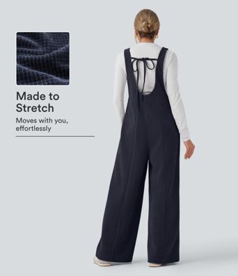 Tie Back Chenille Waffle Casual Overalls with Pockets