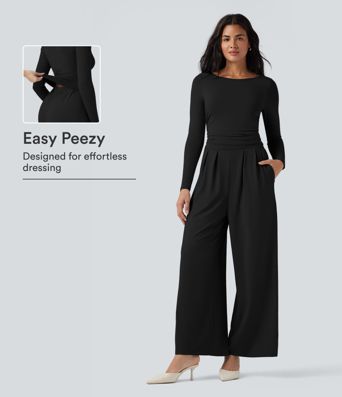 Mono casual con escote barco, mangas largas, pernera ancha y bolsillos — Edición Easy Peezy