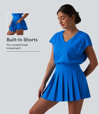 V-neck Invisible Zipper Short Sleeve Pleated Hem 2-in-1 Mini Tennis Active Dress with Pockets