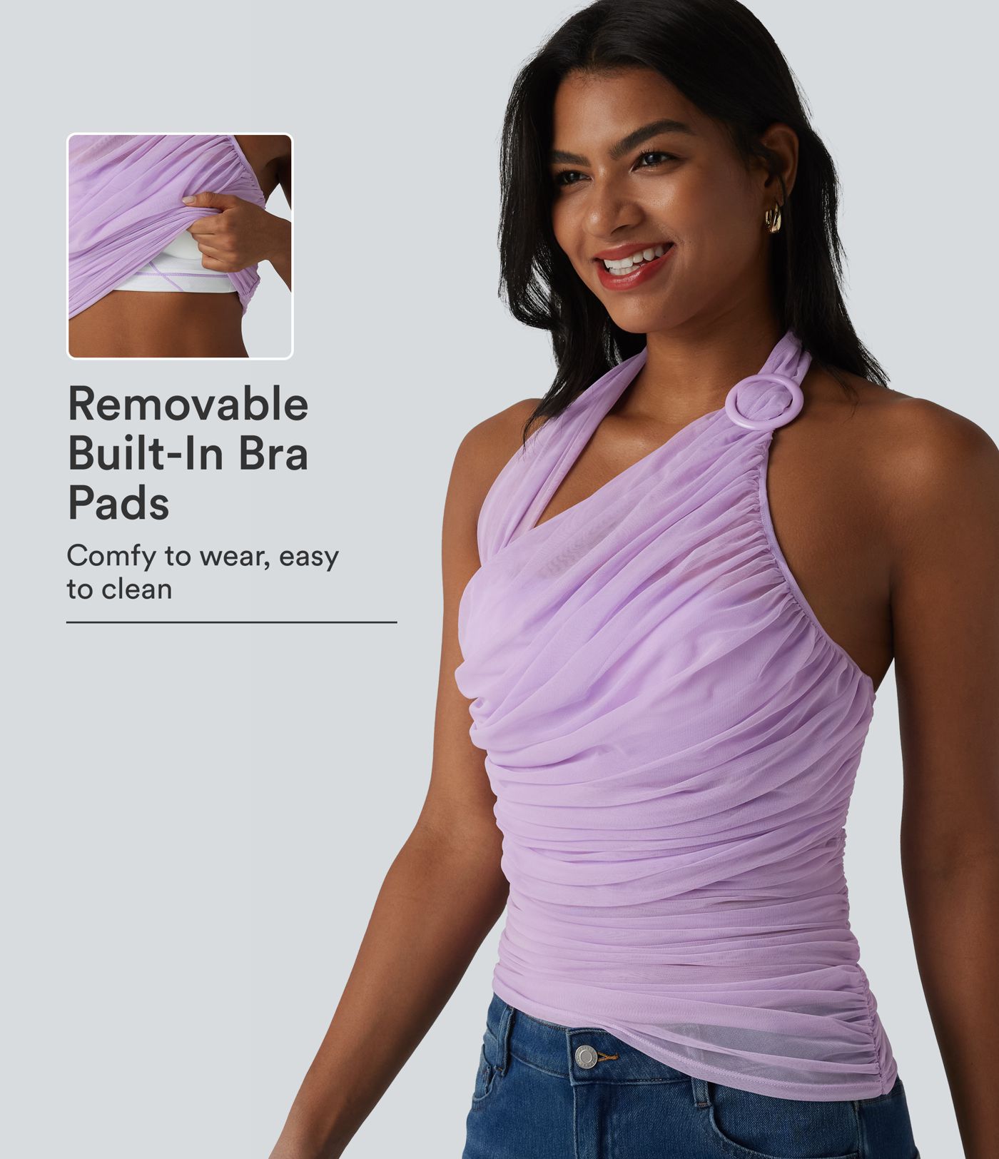 Halter Backless Ruched Mesh Overlay Built-in Bra Resort Tank Top Halter Backless Ruched Mesh Overlay Built-in Bra Resort Tank Top