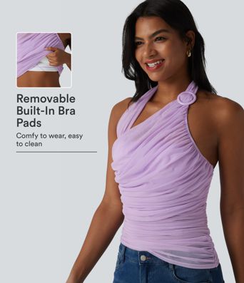 Halter Backless Ruched Mesh Overlay Built-in Bra Resort Tank Top Halter Backless Ruched Mesh Overlay Built-in Bra Resort Tank Top
