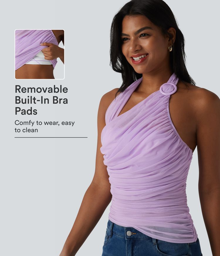 Halter Backless Ruched Mesh Overlay Built-in Bra Resort Tank Top Halter Backless Ruched Mesh Overlay Built-in Bra Resort Tank Top
