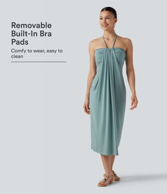 Neckholder-Midikleid mit Bindeband am Rücken, integriertem BH und Taschen