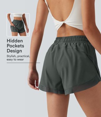 Shorts de running 2 en 1 de tiro medio con cordón, bajo curvado, malla a contraste, 3'' con bolsillos