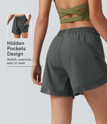 Mid Rise Drawstring Curved Hem Contrast Mesh 2-in-1 Running Shorts 5'' with Pockets