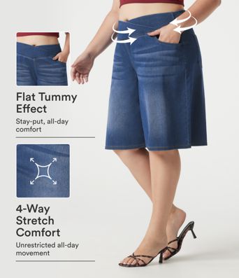 Halara Flex™ shorts vaqueros para tallas grandes, cintura alta cruzada, control de abdomen, estilo casual holgado con bolsillos Halara Flex™ shorts vaqueros para tallas grandes, cintura alta cruzada, control de abdomen, estilo casual holgado con bolsillos