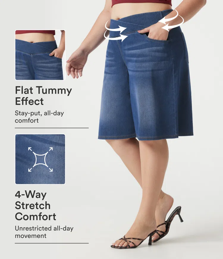 Halara Flex™ Denim Plus Size Crossover High Waisted Tummy Control Casual Baggy Shorts with Pockets
