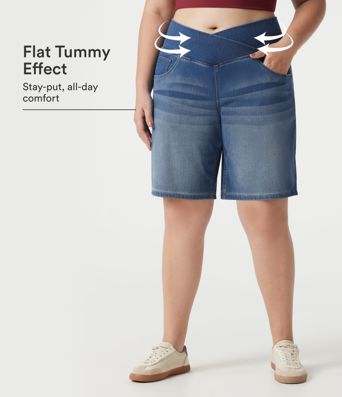 Halara Flex™ Denim Plus Size High Waisted Crossover Tummy Control Casual Baggy Shorts with Pockets