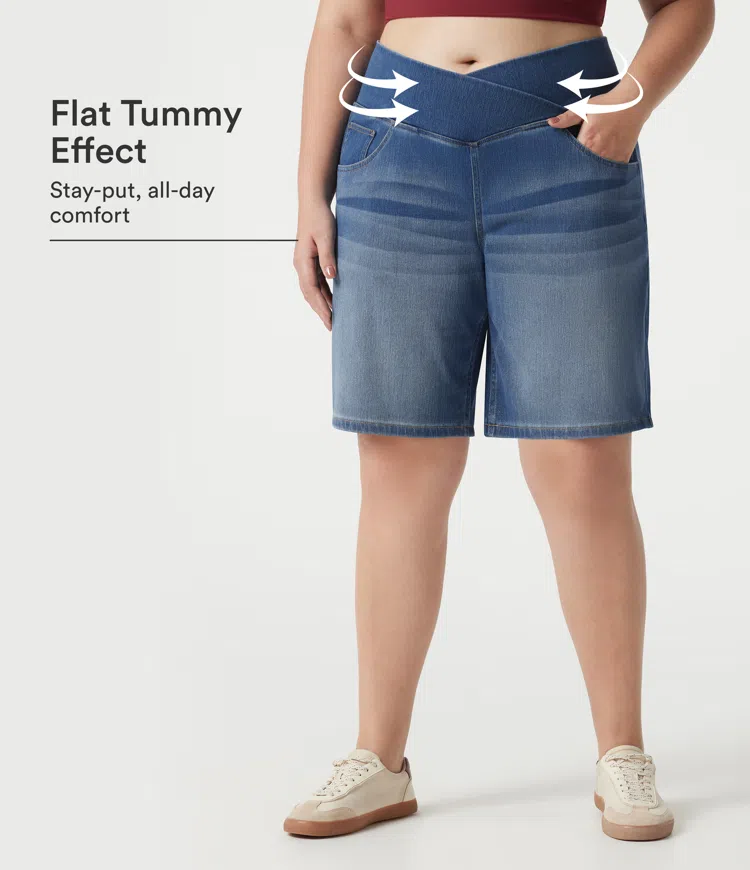 Halara Flex™ - Lässige Baggy-Shorts aus Denim mit hohem Crossover-Bund, mehreren Taschen und Bauchkontrolle - Plus Size