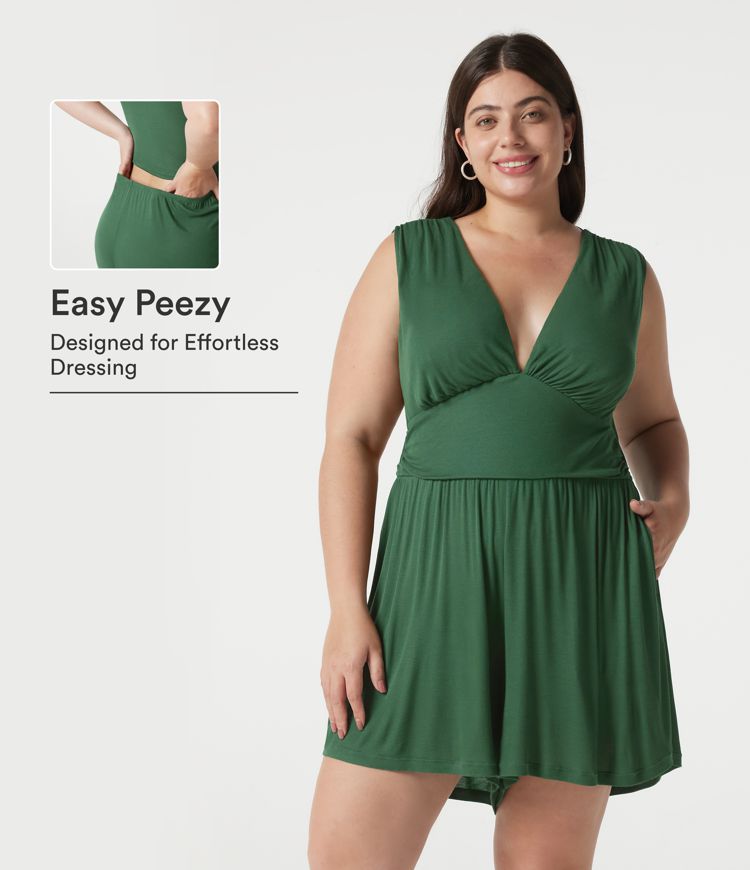 Combishort casual grande taille froncé côtelé sans manches à col V avec brassière intégrée et poches - Édition Easy Peasy Combishort casual grande taille froncé côtelé sans manches à col V avec brassière intégrée et poches - Édition Easy Peasy