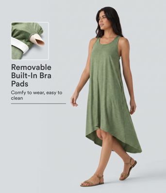 Vestido midi fluido com sutiã embutido, costas racerback, barra high-low e bolsos