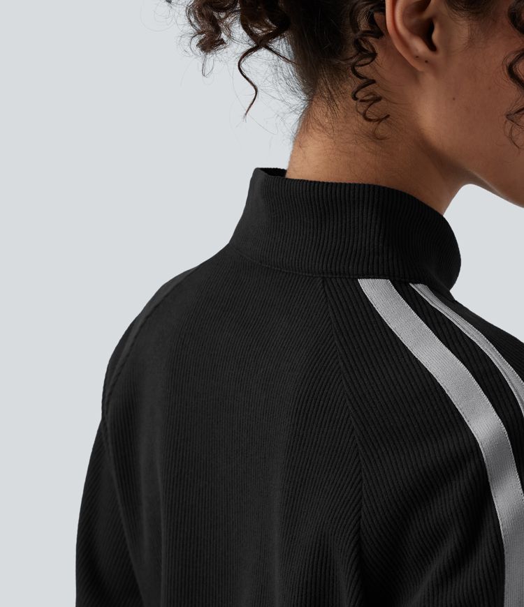 Ribbed Stand Collar Zipper Long Sleeve Color Block Casual Jacket with Pockets