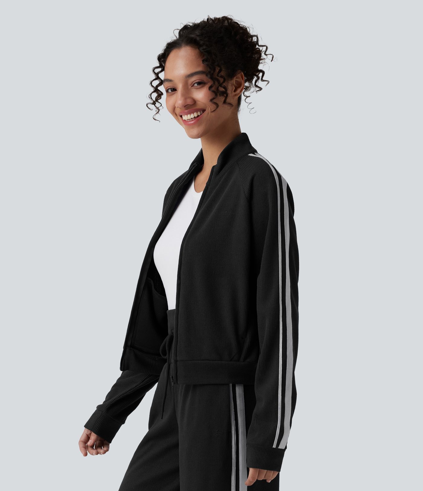 Ribbed Stand Collar Zipper Long Sleeve Color Block Casual Jacket with Pockets