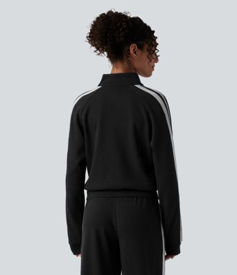 Ribbed Stand Collar Zipper Long Sleeve Color Block Casual Jacket with Pockets