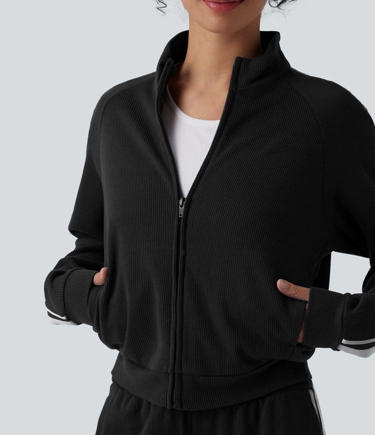 Ribbed Stand Collar Zipper Long Sleeve Color Block Casual Jacket with Pockets
