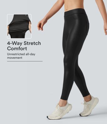 Leggings de yoga en piel sintética brillante de talle alto con bolsillos
