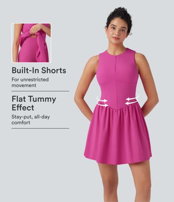 SoftlyZero™ Airy Half Zip Sleeveless Mini Tennis Active Dress with Tummy Control Shorts