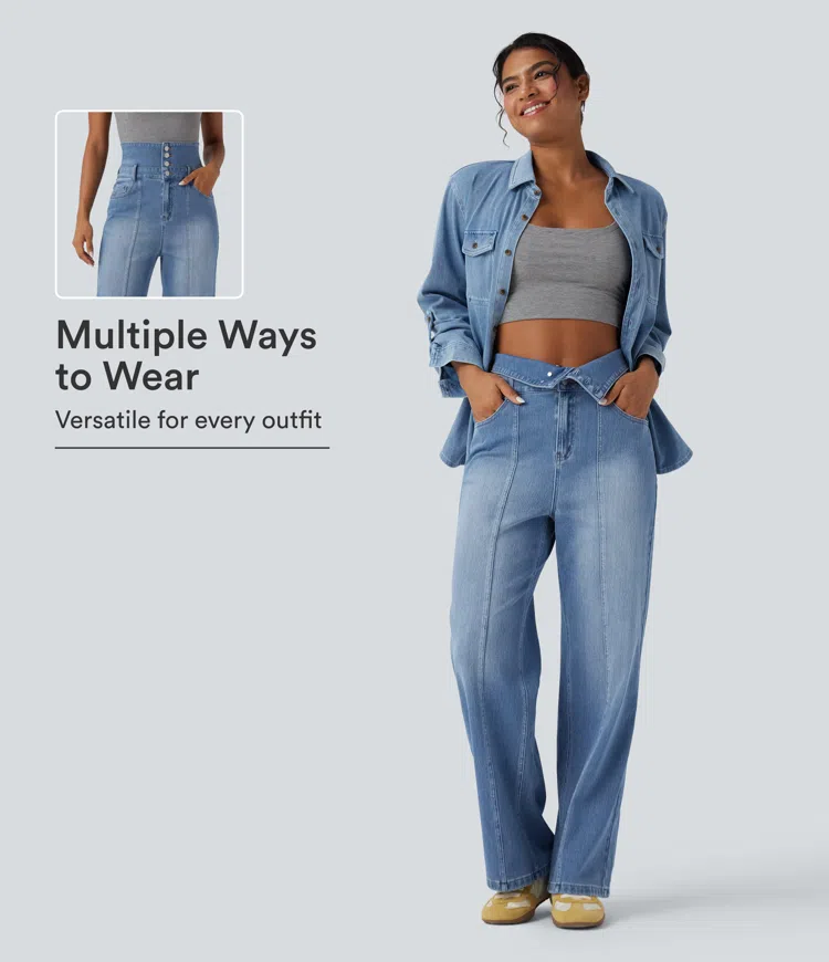 Tide Blue Denim Halara Flex™ Foldover High Waisted Straight Leg Casual Jeans with Pockets / 1