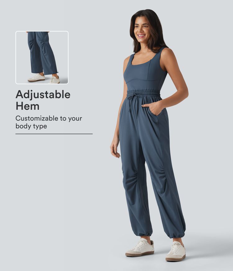 U-neck Sleeveless Drawstring Ruched Casual Jumpsuit with Pockets U-neck Sleeveless Drawstring Ruched Casual Jumpsuit with Pockets