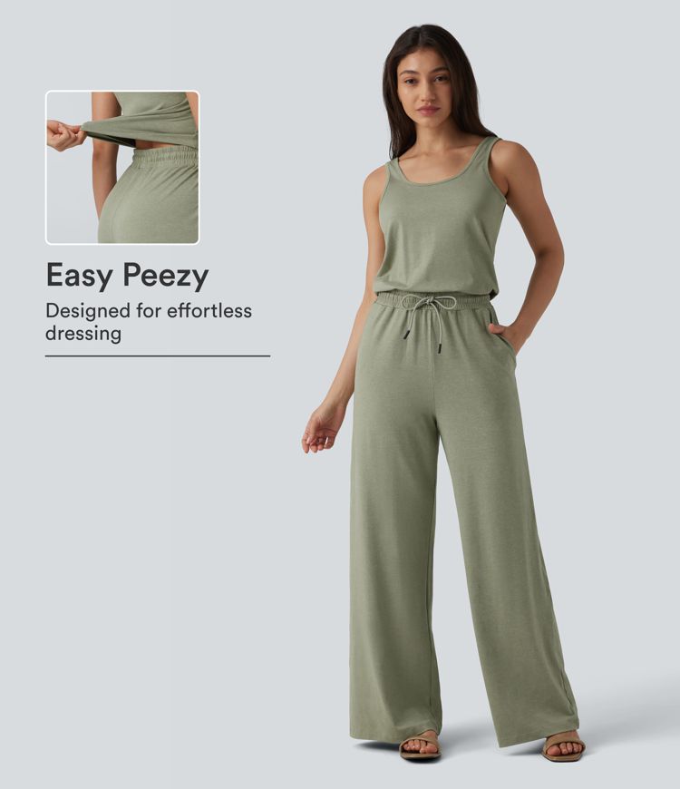 U-Neck Sleeveless Drawstring Heathered Casual Baggy Jumpsuit with Pockets-Easy Peezy U-Neck Sleeveless Drawstring Heathered Casual Baggy Jumpsuit with Pockets-Easy Peezy