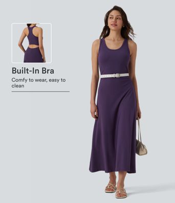 Racerback Sleeveless Ruched Built-in Bra Midi Casual Dress Racerback Sleeveless Ruched Built-in Bra Midi Casual Dress