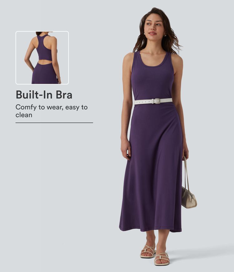 Racerback Sleeveless Ruched Built-in Bra Midi Casual Dress Racerback Sleeveless Ruched Built-in Bra Midi Casual Dress