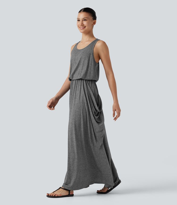 Sleeveless Cut-Out Back Maxi Casual Draped Dress with Pockets