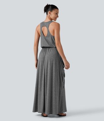 Sleeveless Cut-Out Back Maxi Casual Draped Dress with Pockets