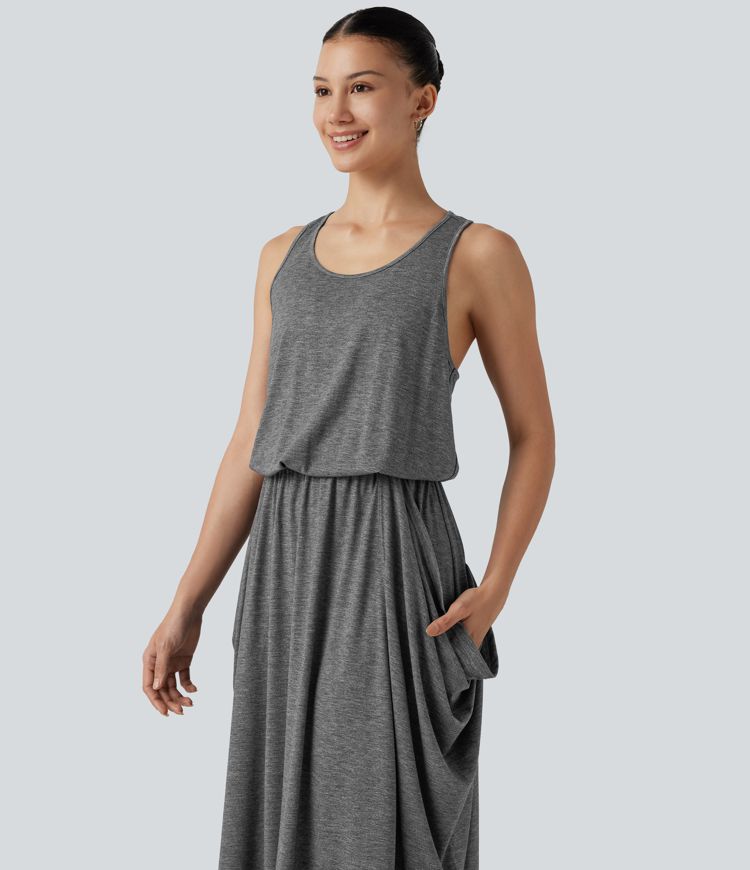 Sleeveless Cut-Out Back Maxi Casual Draped Dress with Pockets