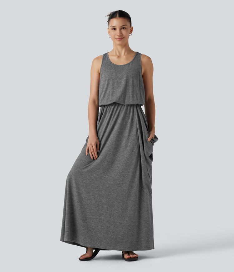 Sleeveless Cut-Out Back Maxi Casual Draped Dress with Pockets