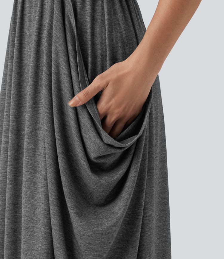 Sleeveless Cut-Out Back Maxi Casual Draped Dress with Pockets