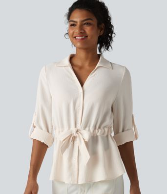 Lapel Roll Up Sleeve Tie Work Linen-Feel Shirt Lapel Roll Up Sleeve Tie Work Linen-Feel Shirt