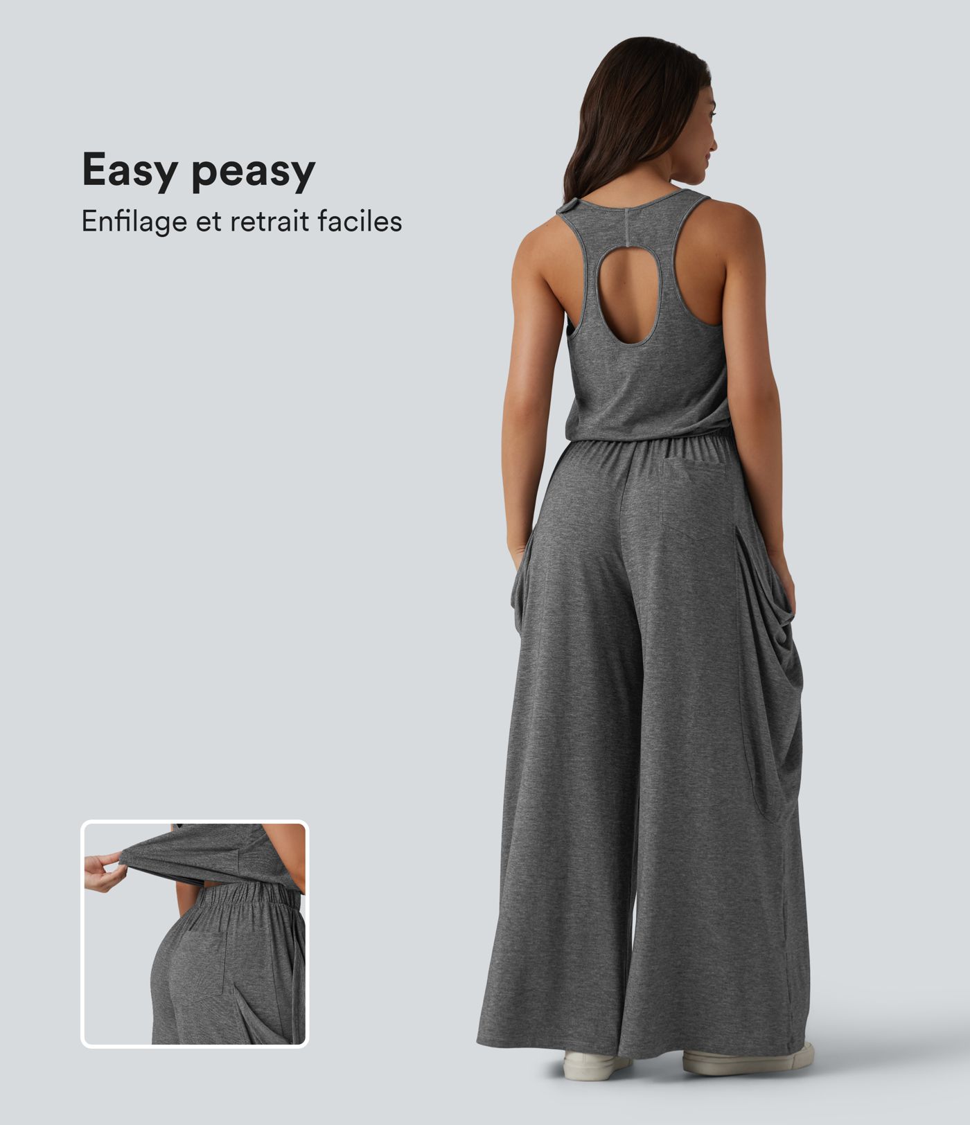 Combinaison décontractée à découpe sans manches jambes larges avec poches, édition Easy-Peezy Combinaison décontractée à découpe sans manches jambes larges avec poches, édition Easy-Peezy