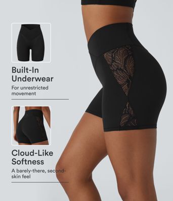 SoftlyZero™ High Waisted Crossover Contrast Lace Built-in Underwear Yoga Biker Shorts 5'' with Pocket-UPF50+