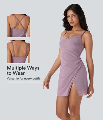 Ruched Mesh Overlay Mini Slip Dress