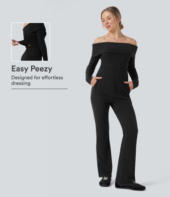 De punto acanalado, reversible, de hombros descubiertos, de manga larga, mono de corte bootcut, holgado, con bolsillos - versión Easy Peezy De punto acanalado, reversible, de hombros descubiertos, de manga larga, mono de corte bootcut, holgado, con bolsillos - versión Easy Peezy