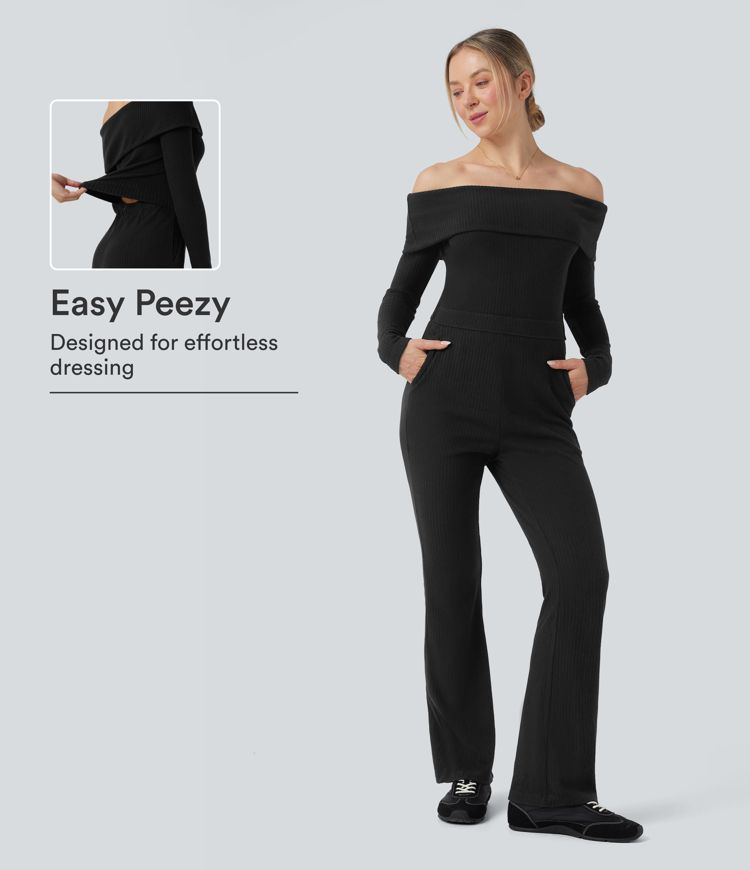 De punto acanalado, reversible, de hombros descubiertos, de manga larga, mono de corte bootcut, holgado, con bolsillos - versión Easy Peezy De punto acanalado, reversible, de hombros descubiertos, de manga larga, mono de corte bootcut, holgado, con bolsillos - versión Easy Peezy
