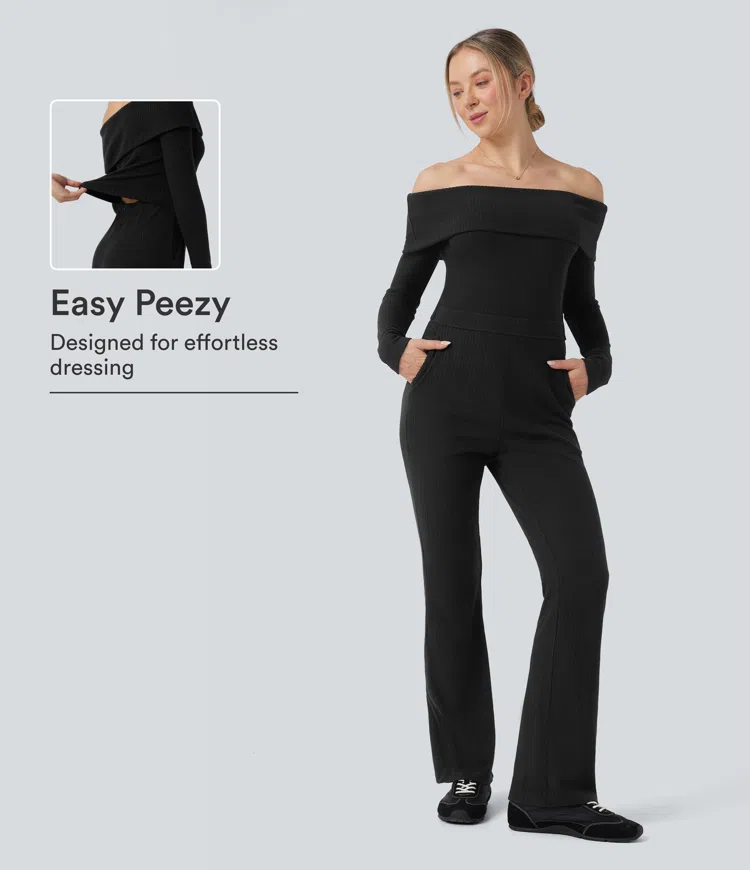 Black Ribbed Knit Foldover Off Shoulder Long Sleeve Bootcut Casual Jumpsuit with Pockets-Easy Peezy Edition / 1