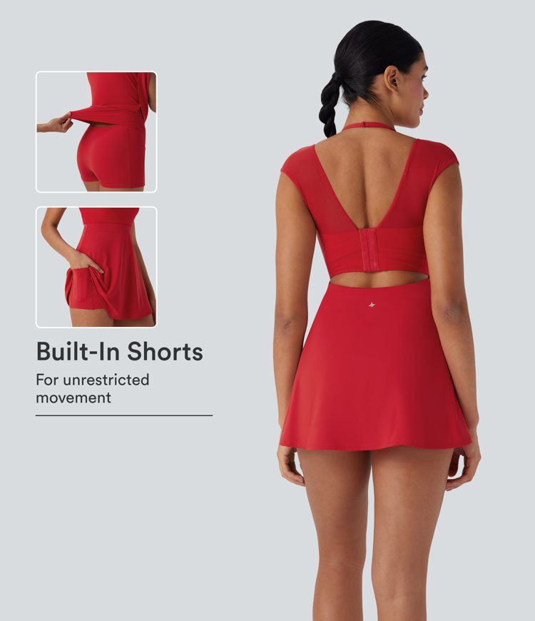 SoftlyZero™ Airy Halter Adjustable Buckle Contrast Mesh Cool Touch Yoga Active Dress-Easy Peezy-UPF50+