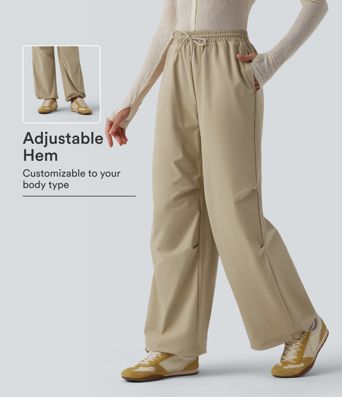 Mid Rise Drawstring Ruched Baggy Stretchy Poplin Casual Parachute Pants with Pockets