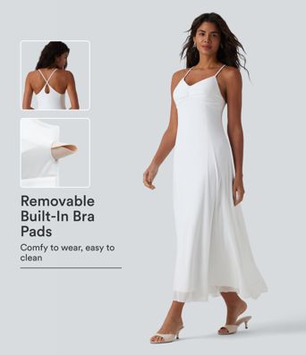 Vestido largo tipo slip fluido para damas de honor e invitadas, con tirantes cruzados en la espalda y sobreposición de malla