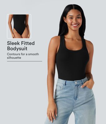 Ribbed Racerback Round-Neck Sleeveless Skinny Casual Bodysuit