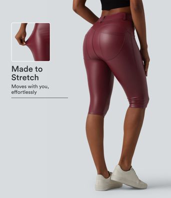 Leggings pantacourt décontractés taille haute en PU extensible avec poches Leggings pantacourt décontractés taille haute en PU extensible avec poches