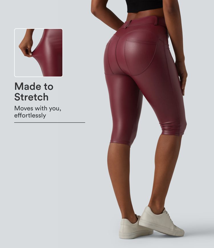 Leggings pantacourt décontractés taille haute en PU extensible avec poches Leggings pantacourt décontractés taille haute en PU extensible avec poches