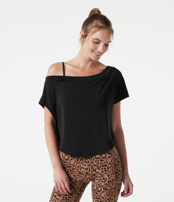 One Shoulder Short Sleeve Curved Hem High Low Built-in Bra Quick Dry Yoga Sports Top
